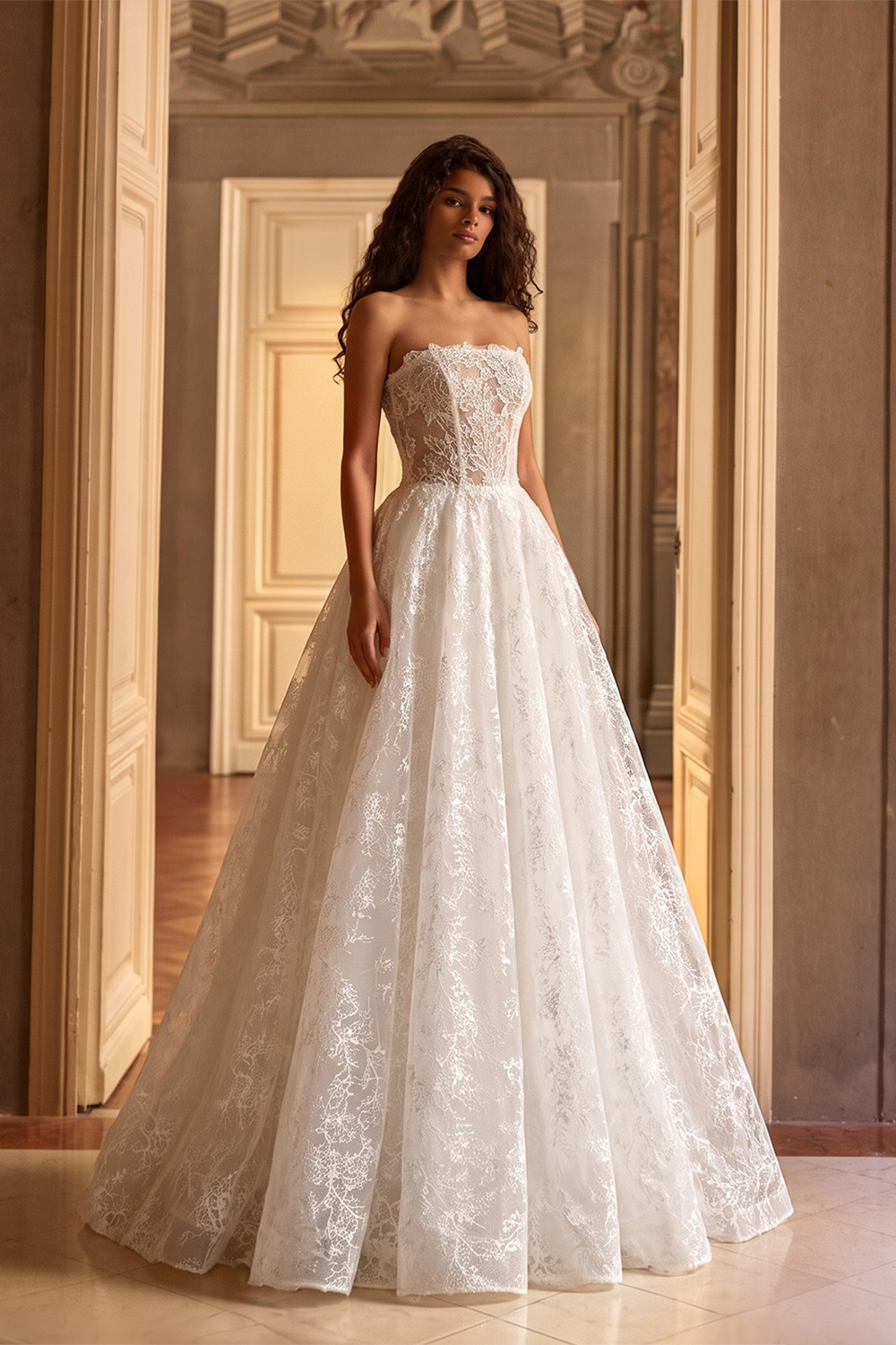 White Corset Strapless Lace Applique Tulle Bridal Ball Gown Wedding Dress SW611 Sheer Fairy