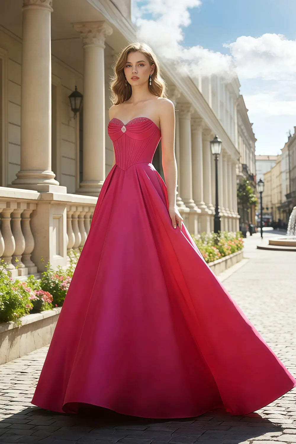 Hot Pink Strapless Sweetheart Satin Ball Gown Prom Dress SH408 Sheer Fairy