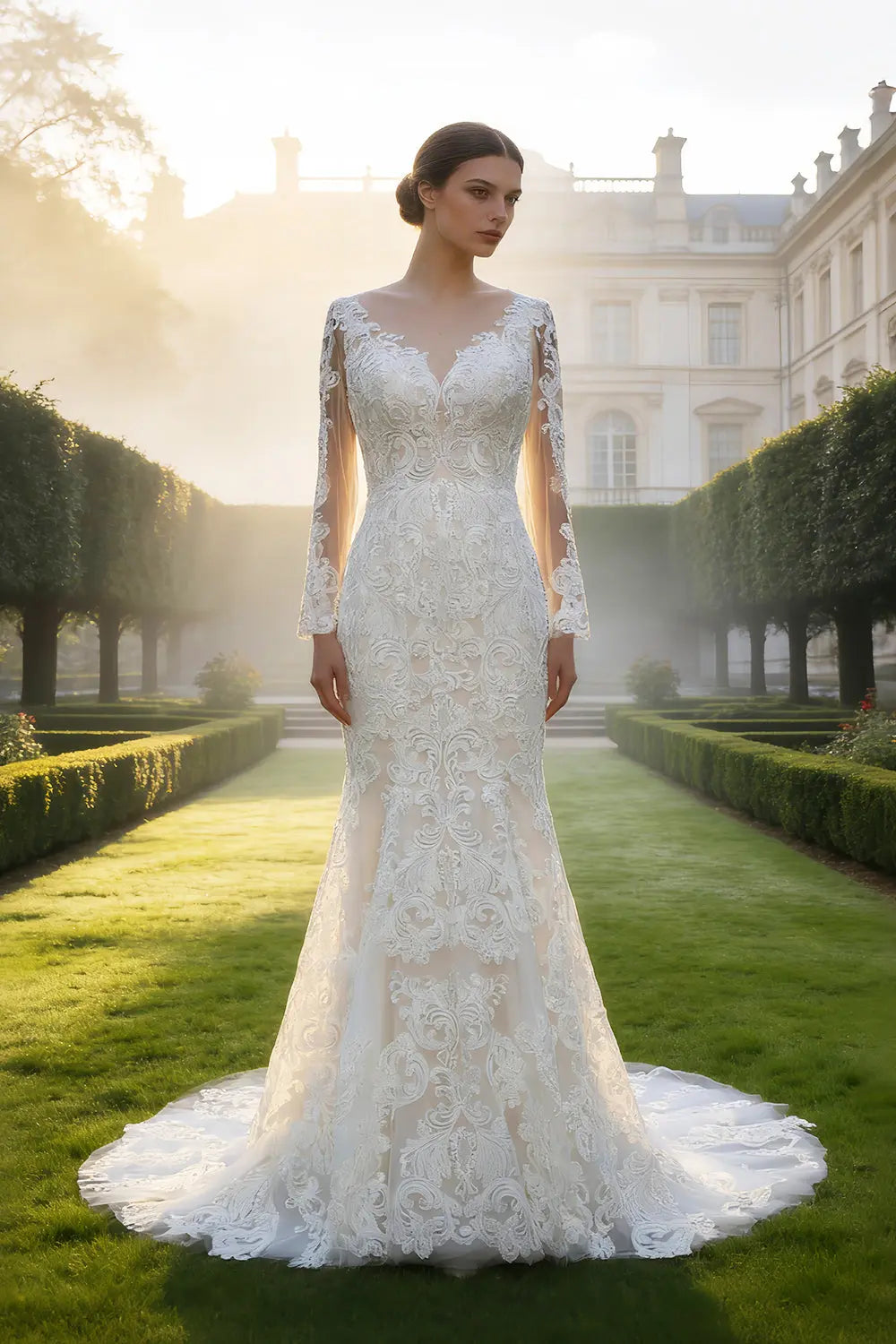 Long Sleeve Sequined Lace Bridal Mermaid Wedding Dress SW660 Sheer Fairy