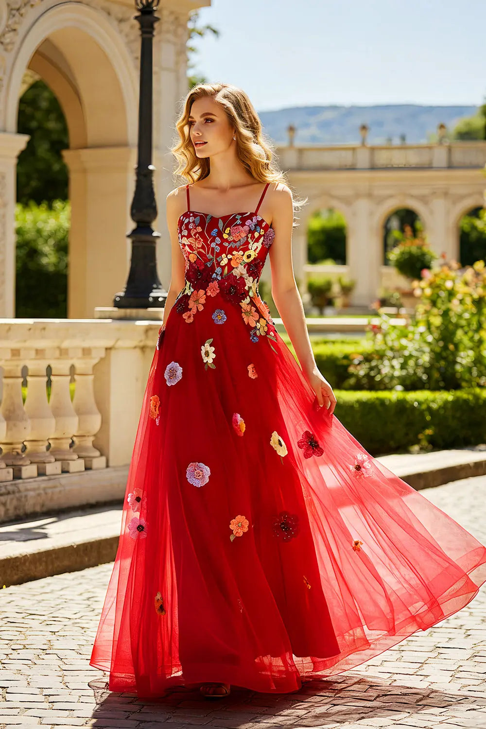 Red Tulle A-Line Spaghetti Strap Prom Dress with 3D Floral SH446 Sheer Fairy