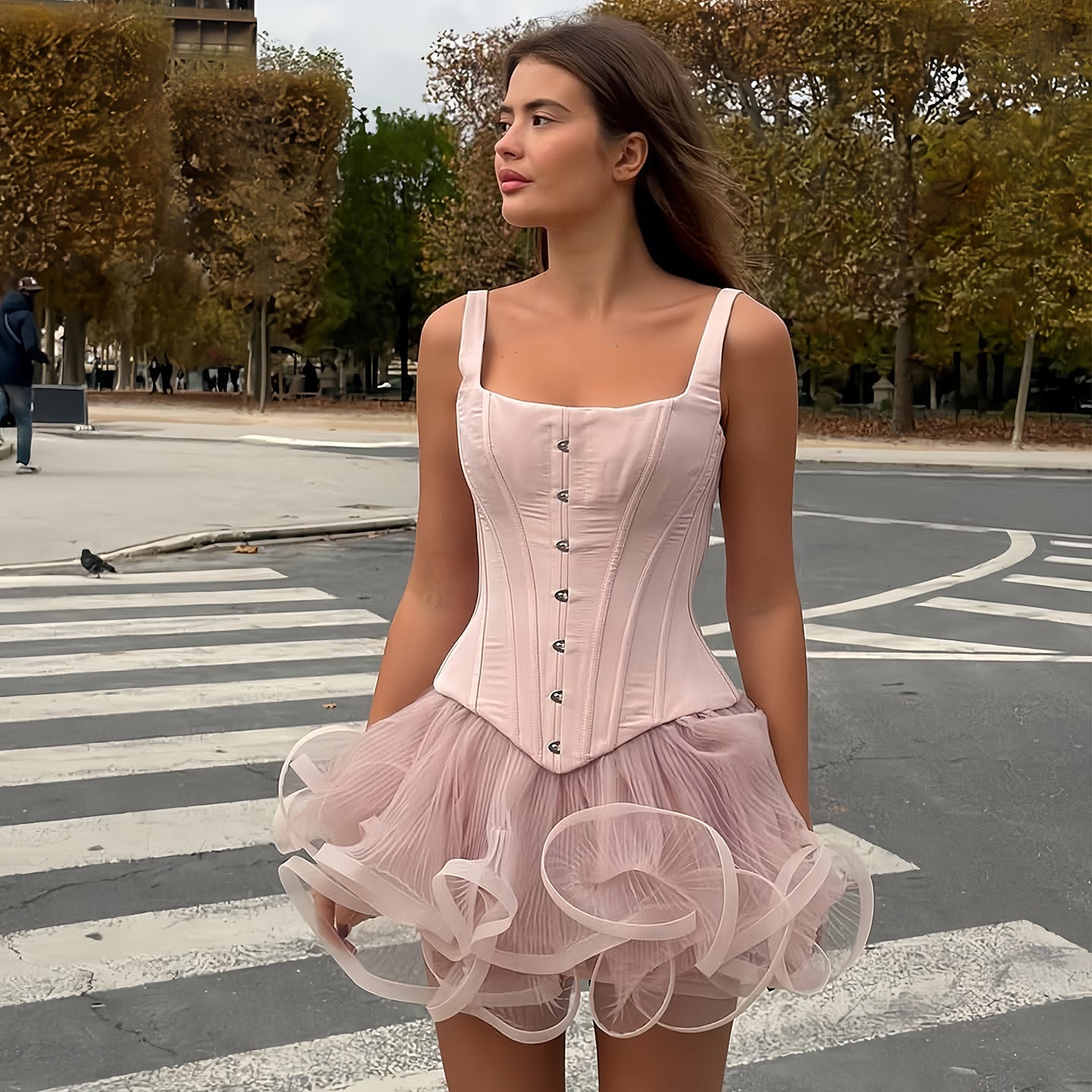 Pink Square Neck Corset Mini Dress with 3D Ruffle Tulle RM204 Sheer Fairy