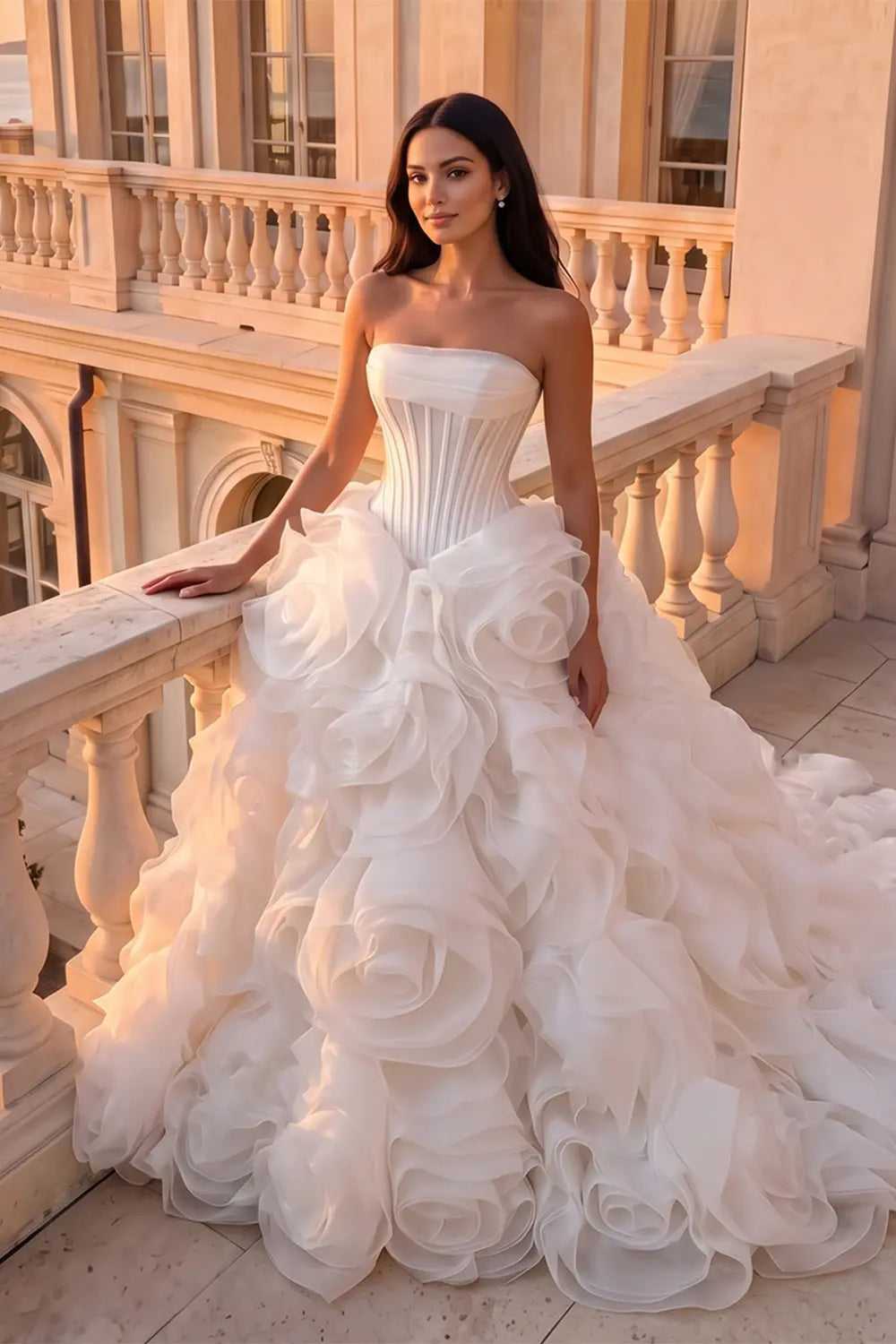 White Boned Corset 3D Flower Organza Ball Gown Wedding Dress SW751 Sheer Fairy