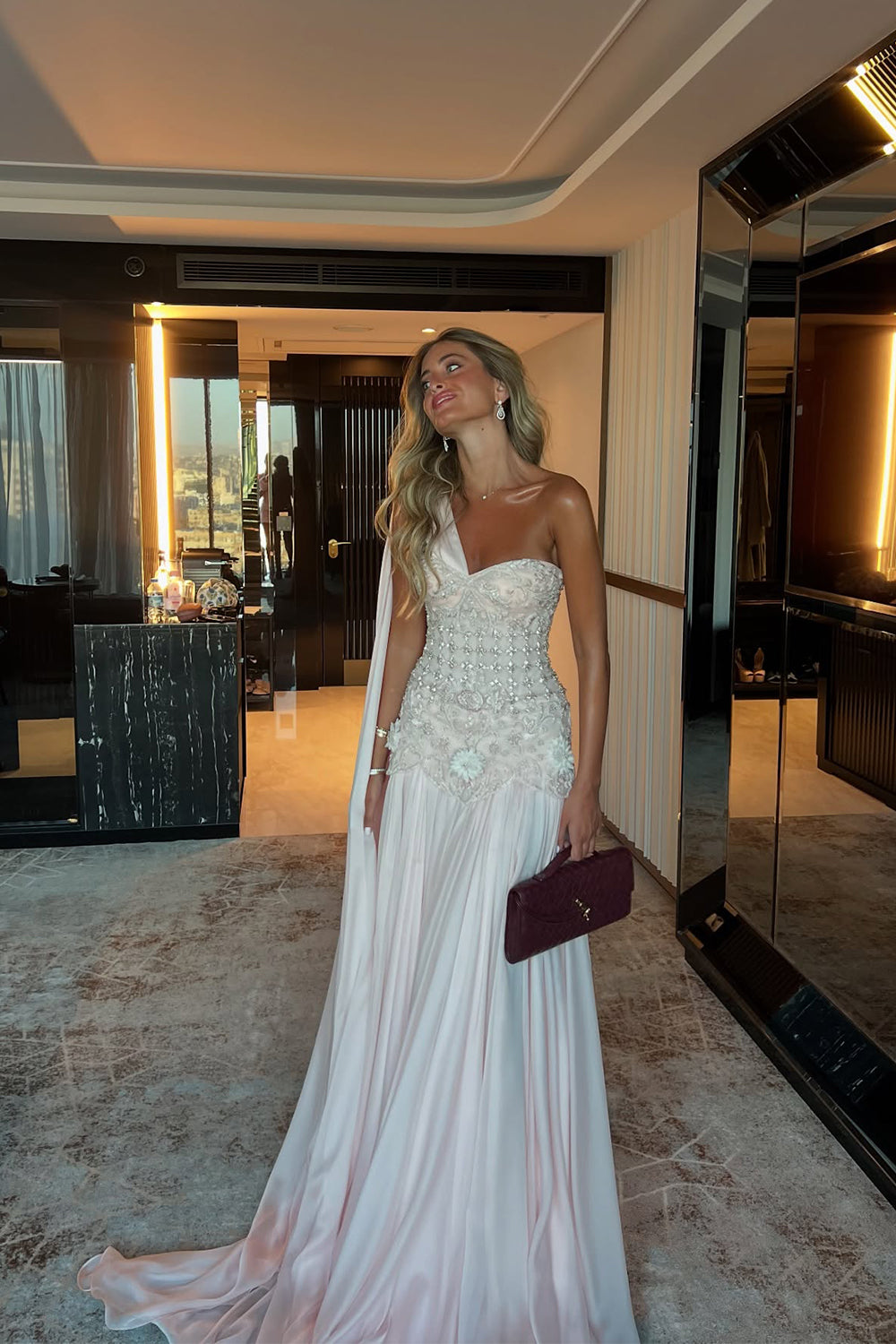 Blush Pink One-Shoulder Beaded Chiffon Evening Dress Gown SS285 Sheer Fairy