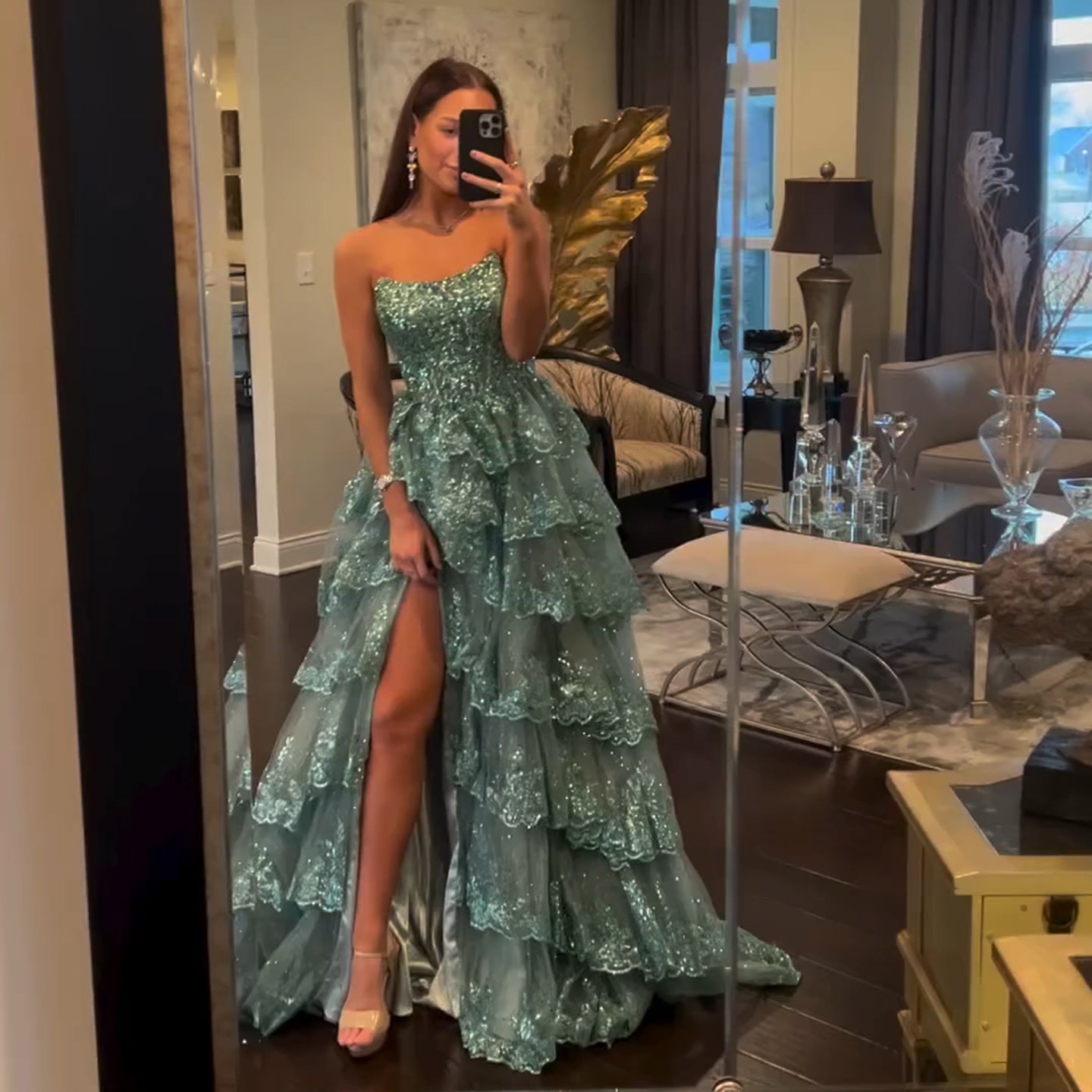 Strapless Ruffled Lace Sequin A-Line Prom Dress SH162