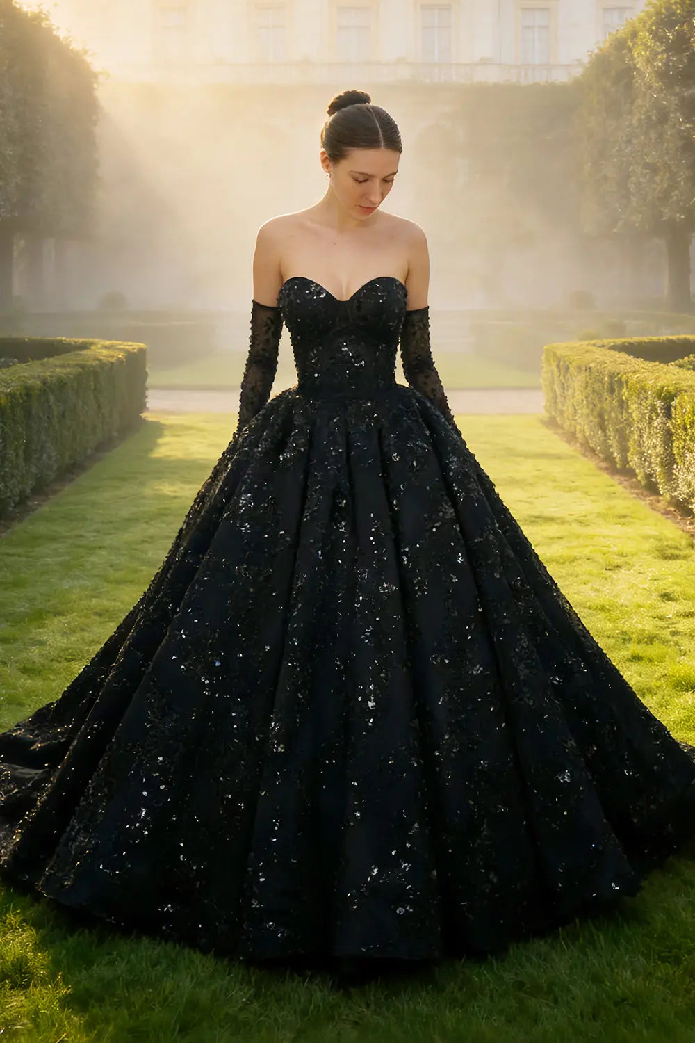 Black Sequin Ballgown Wedding Dress with Long Gloves SW565 Sheer Fairy