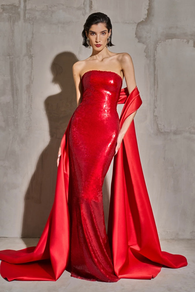 Red Sequin Satin Cape Mermaid Evening Dress SF436 Sheer Fairy