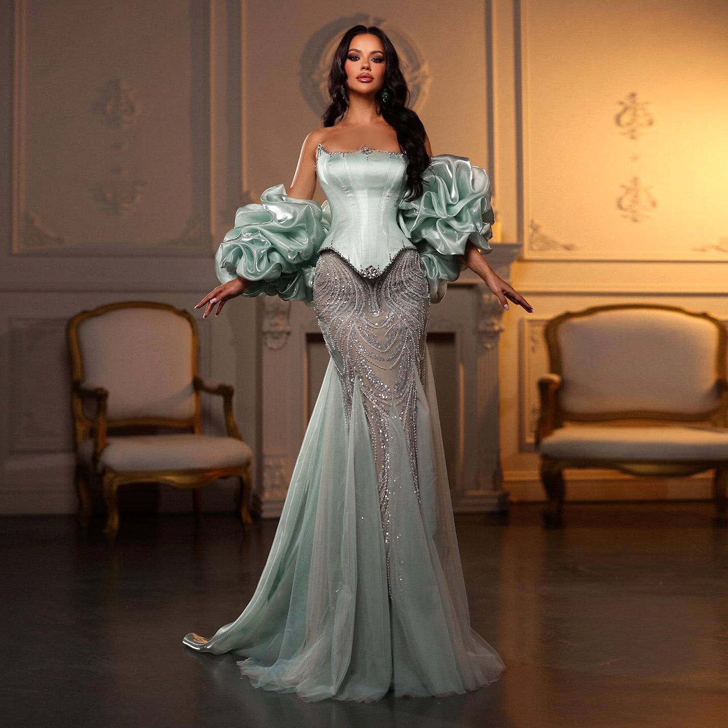 Luxury Aqua Off-the-Shoulder Mermaid Evening Gown with Ruffle Sleeves SS501 Sheer Fairy