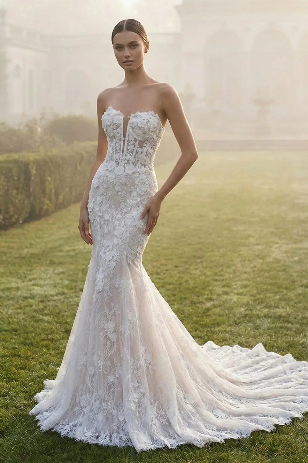 Off White Strapless Mermaid Lace Wedding Dress SW644 Sheer Fairy