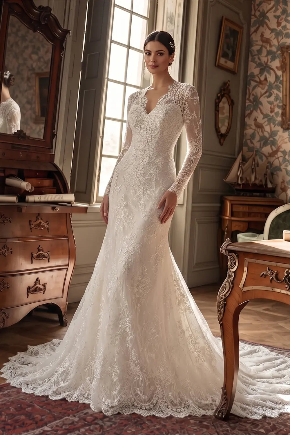 Off White Long Sleeve Button Back Wedding Dress SW683 Sheer Fairy