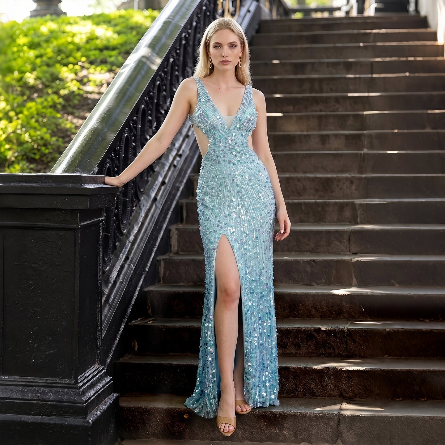 Aqua/ Blue Satin Mermaid Evening Dress deep V sleeveless high slit mermaid gown  SH354 Sheer Fairy