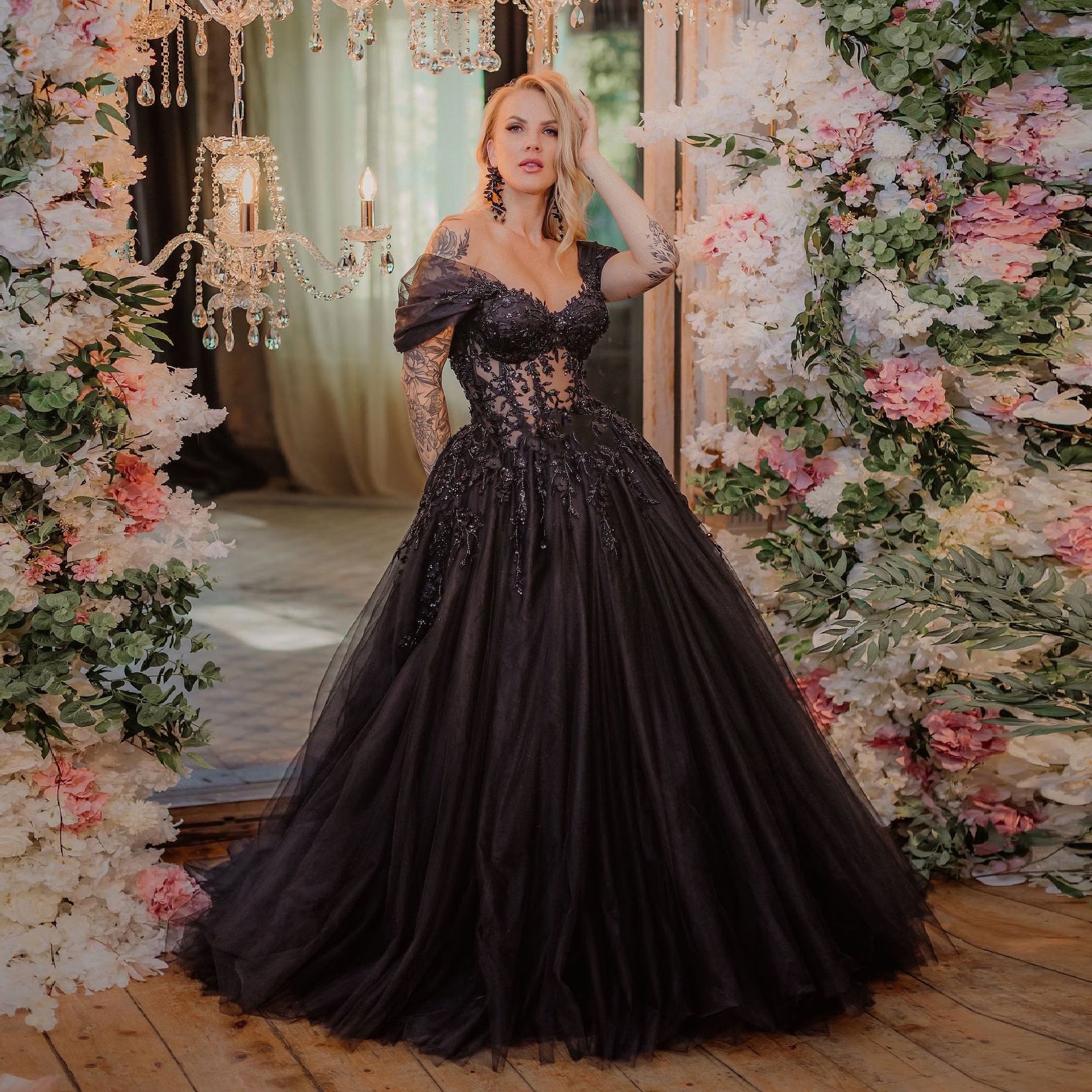 Black Gothic Off-Shoulder Lace Ball Gown Wedding Dress SW556