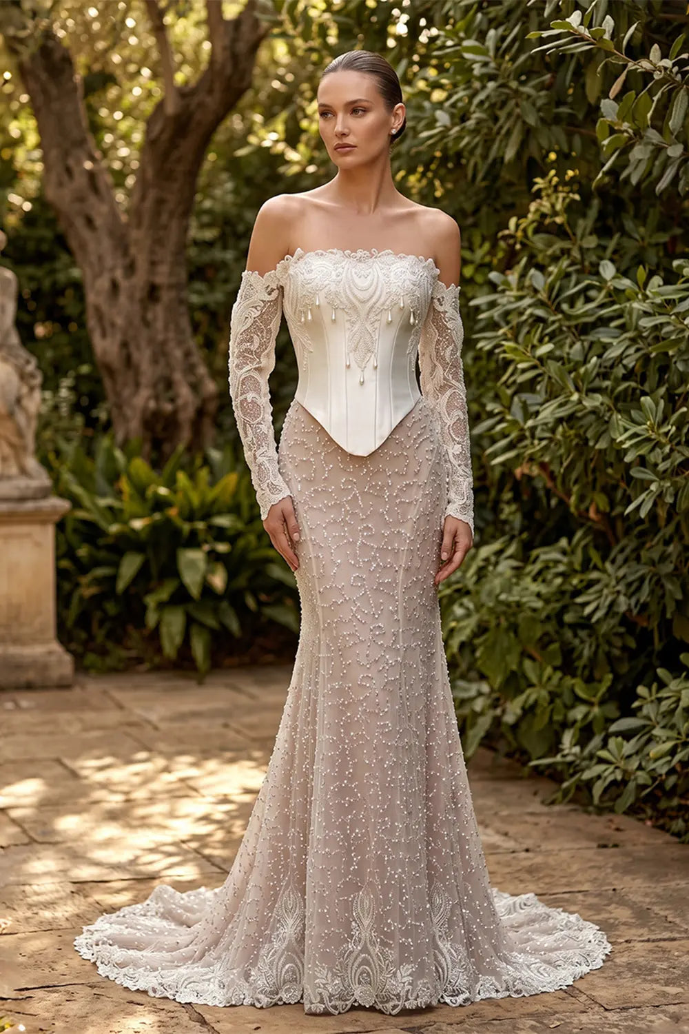 White Off The Shoulder Lace Mermaid Corset Wedding Dress SW762 Sheer Fairy