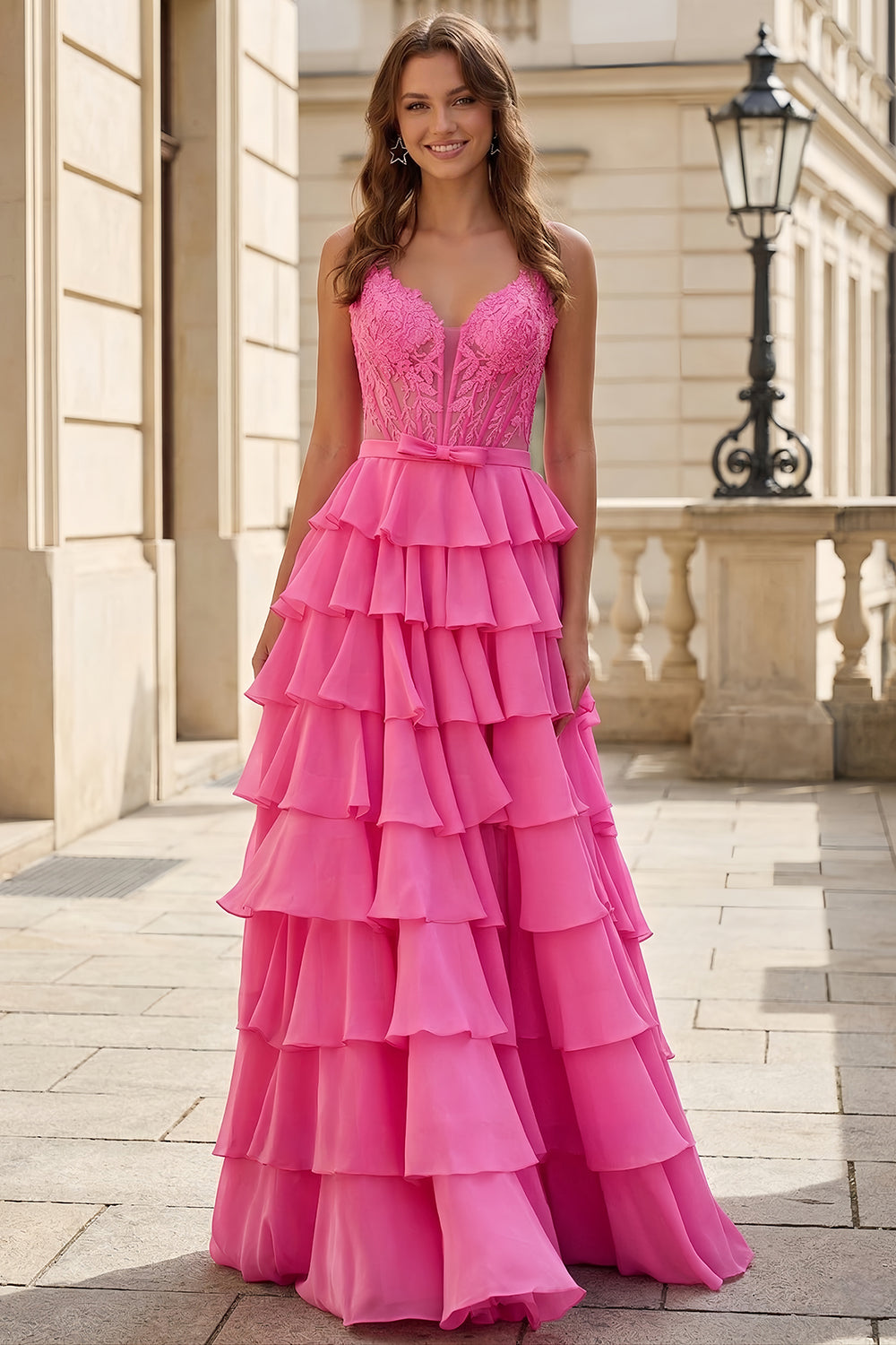 Elegant Hot Pink Tiered Prom Dress with High Slit SH749 Sheer Fairy