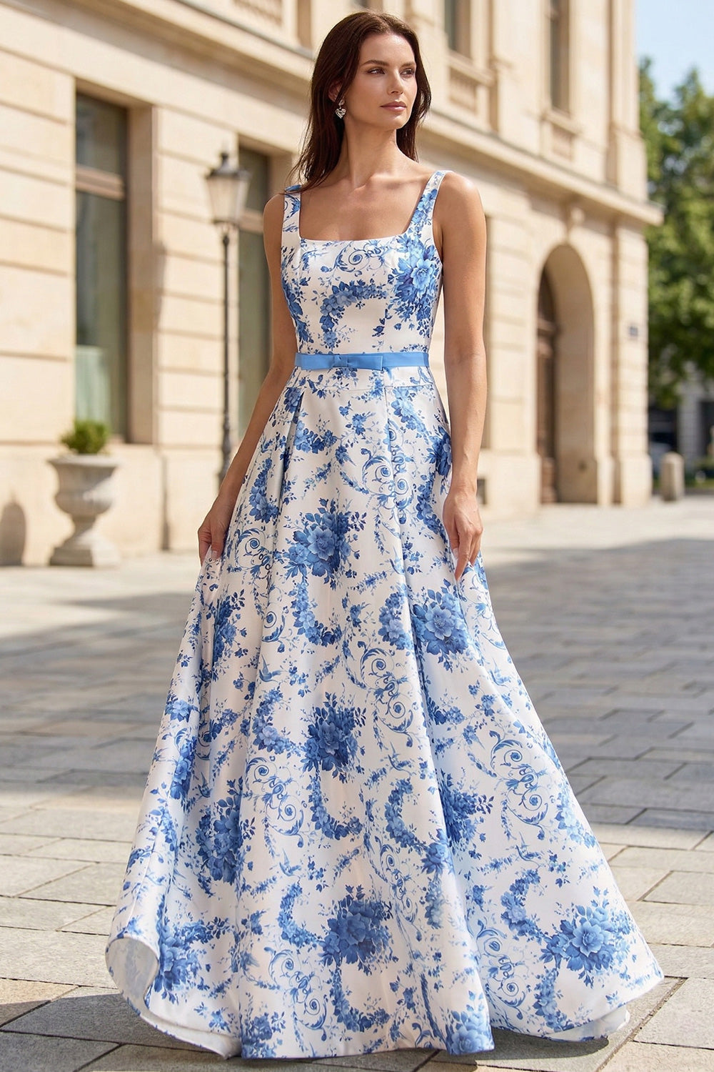 Blue White Floral A Line Prom Dress with Bow Belt SH734 Sheer Fairy