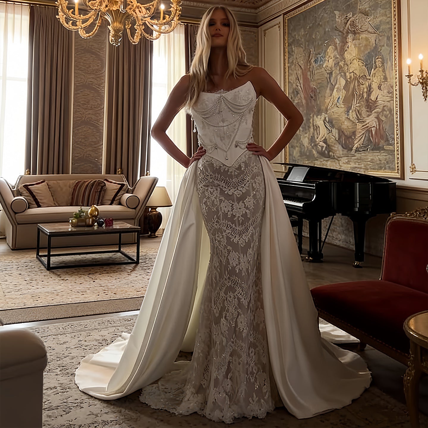 Strapless Beaded Lace Mermaid Wedding Dress with Detachable Satin Overskirt SW218 Sheer Fairy
