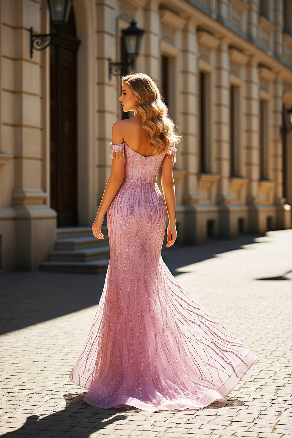 White Lace Mermaid Off-the-Shoulder Flora Beige Prom Dress SH461 Sheer Fairy