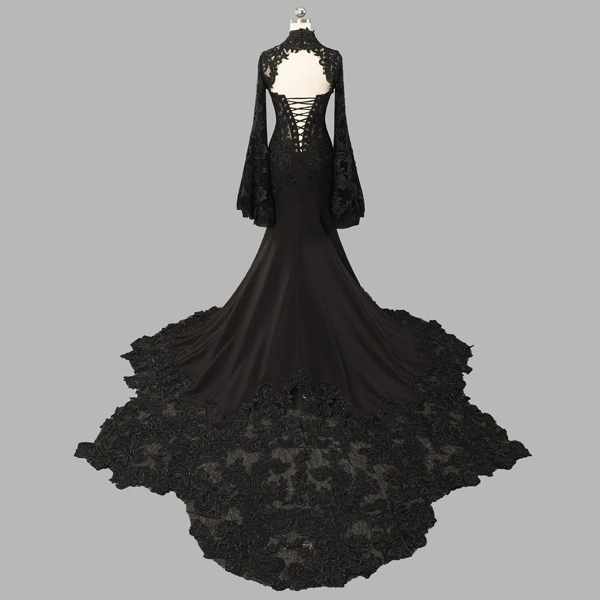 Black Luxury Gothic  Fancy Lace Wedding Dress Mermaid Mandarin Collar  SW562 Sheer Fairy