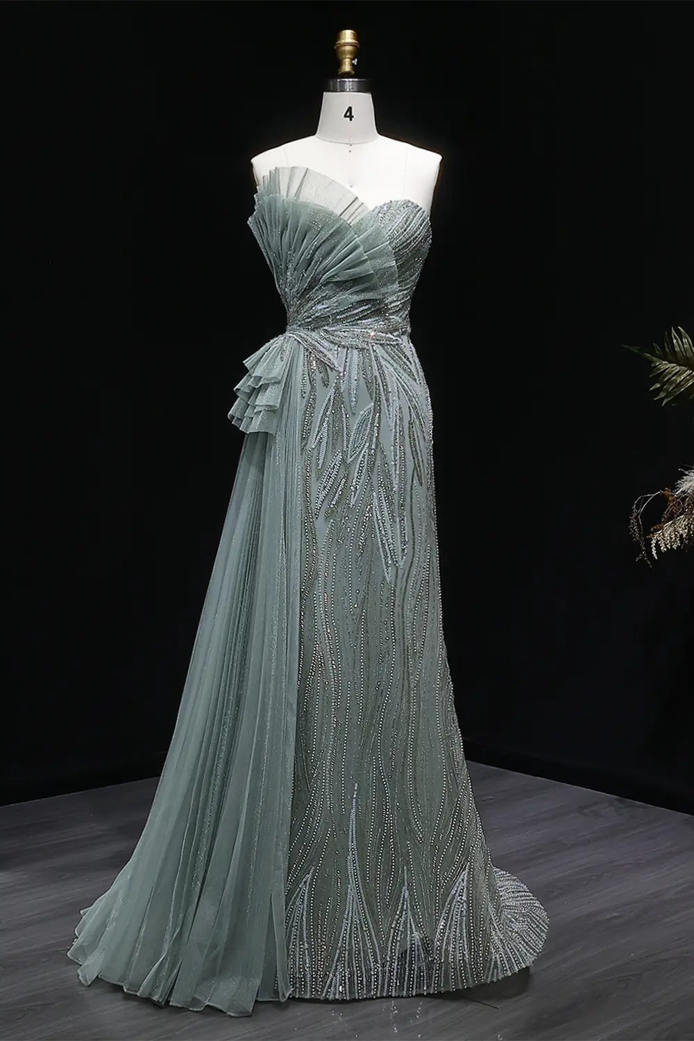 Sage Green One-Shoulder Beaded Tulle Mermaid Prom Dress Evening Gown with Ruffle SH064 Sheer Fairy