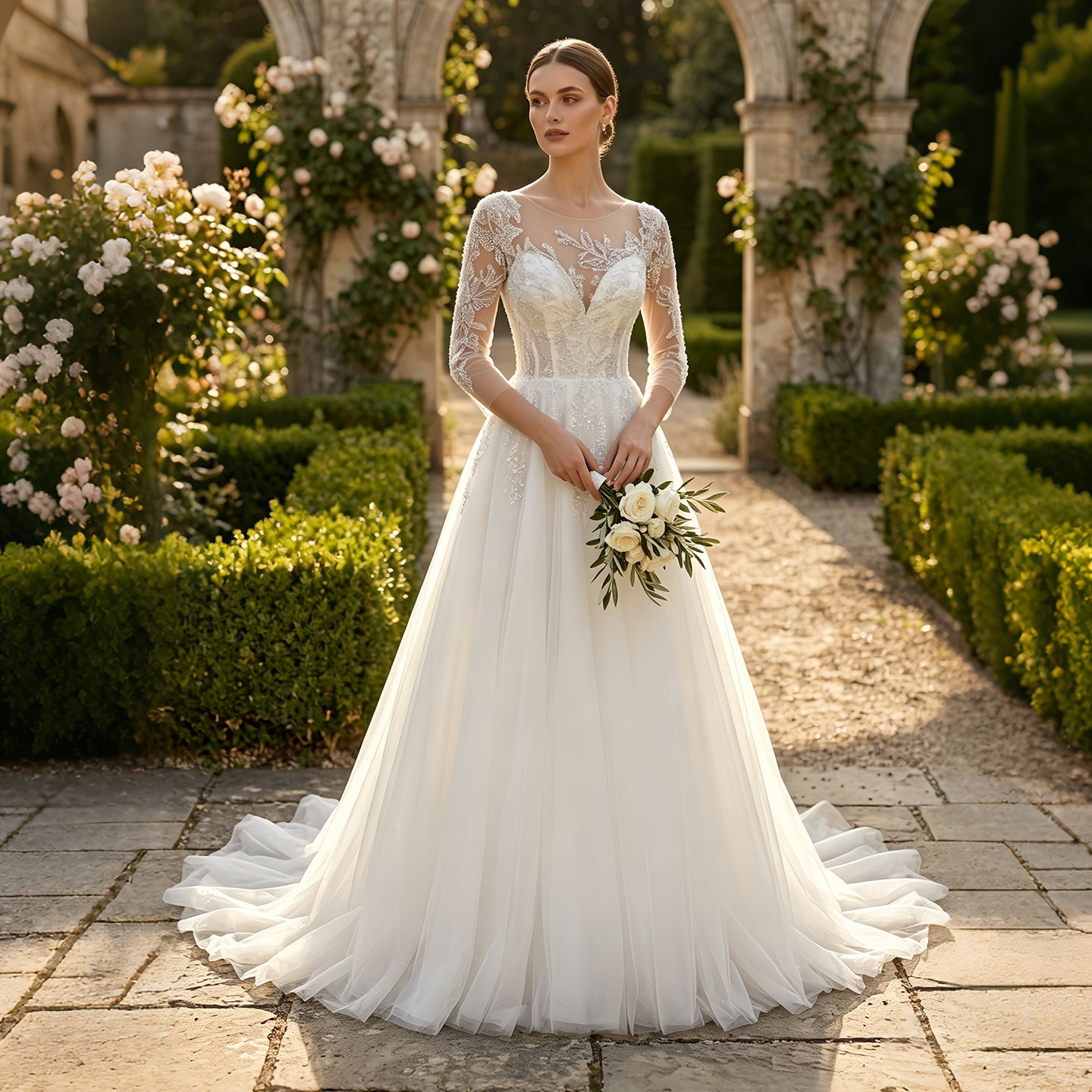 Illusion Neck Long Sleeve Lace A-Line Wedding Dress with Corset Lace-Up Back & Train SW709 Sheer Fairy