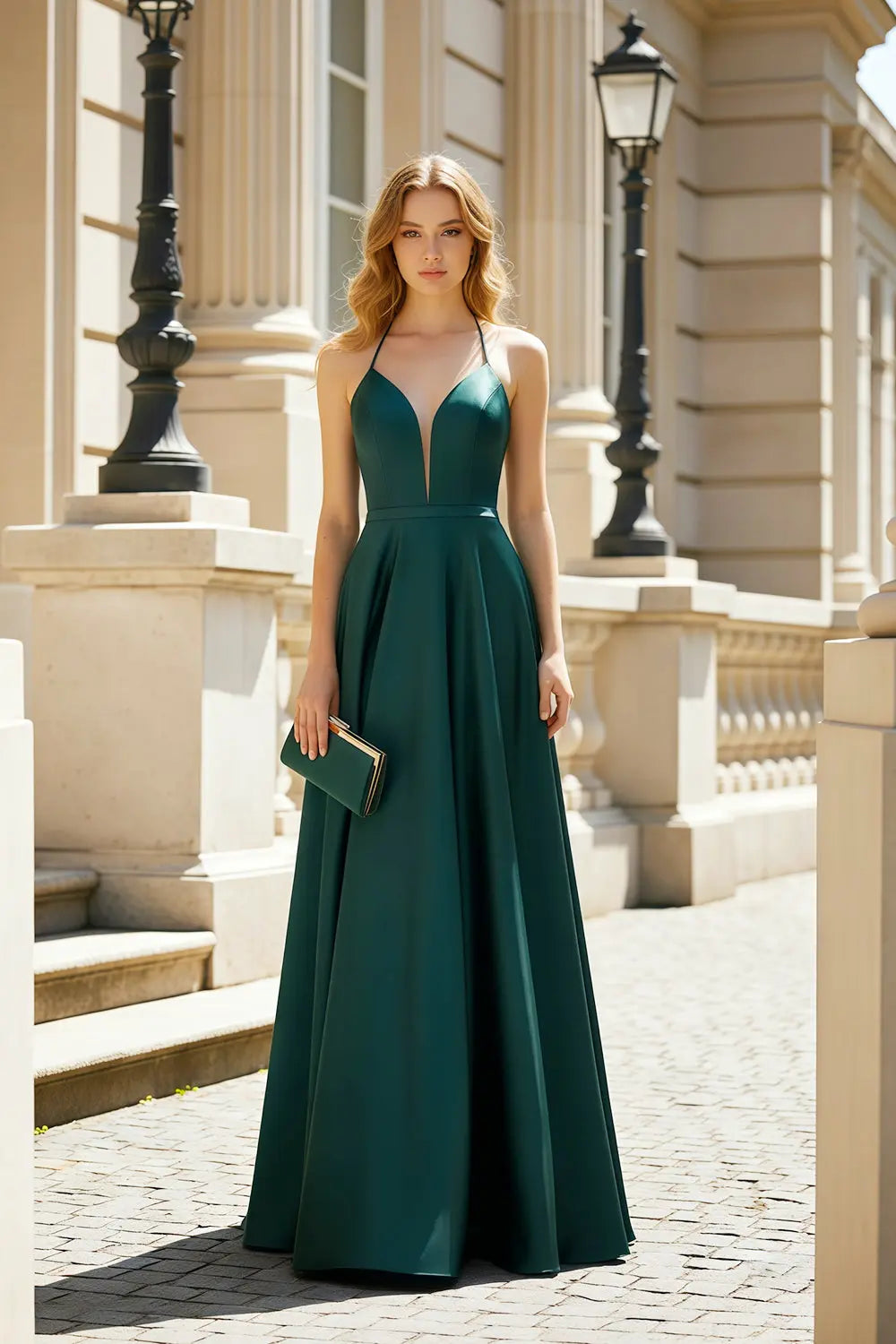 Emerald Green Satin A-Line V-Neck Prom Dress SH429 Sheer Fairy