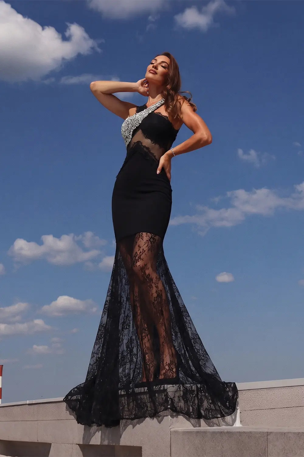 Black Asymmetrical Crystal Strap Sheer Lace Evening Gown ST045 Sheer Fairy