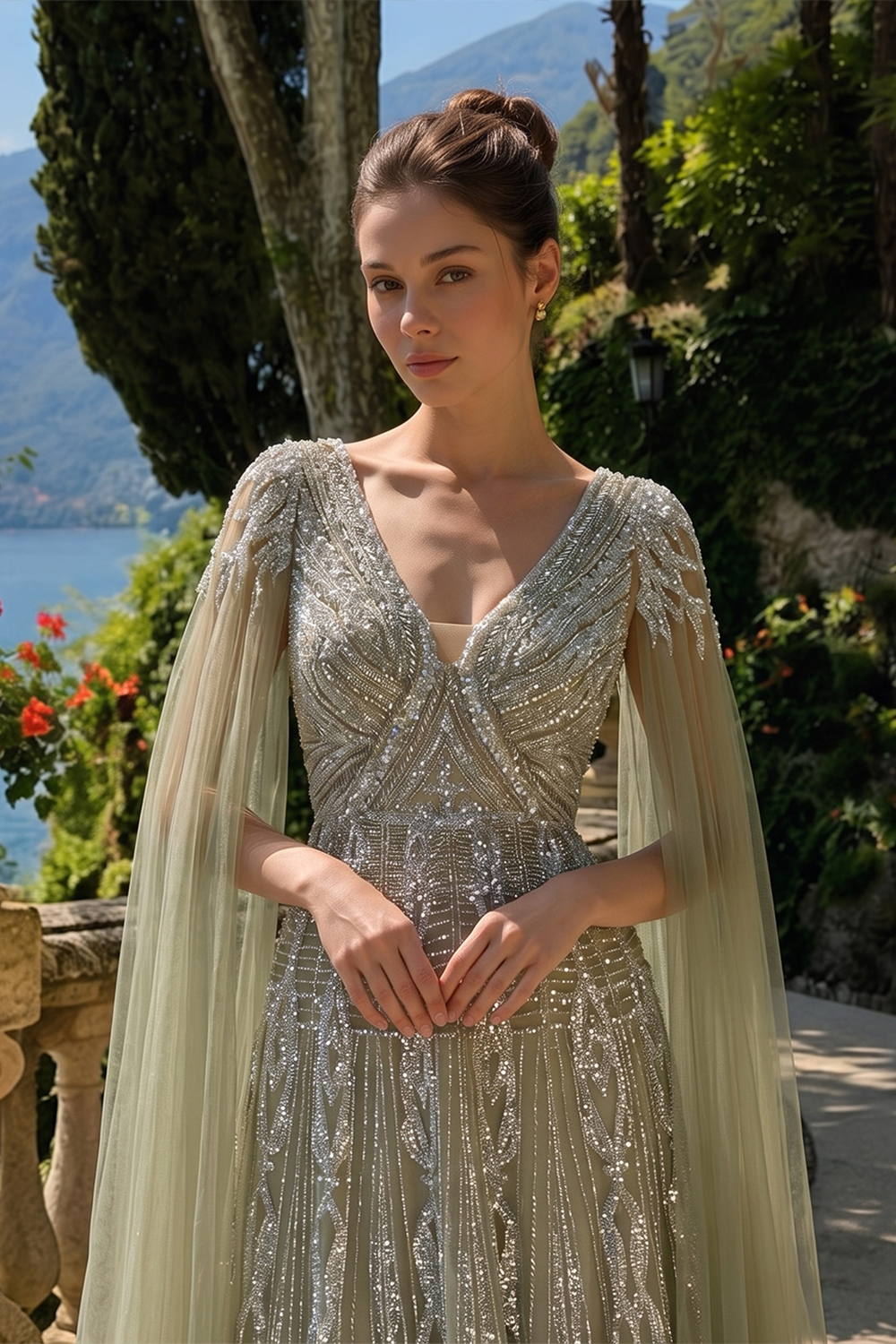 Elegant V Neck Sequined Cape Sleeve A Line Evening Gown SS073 Sheer Fairy