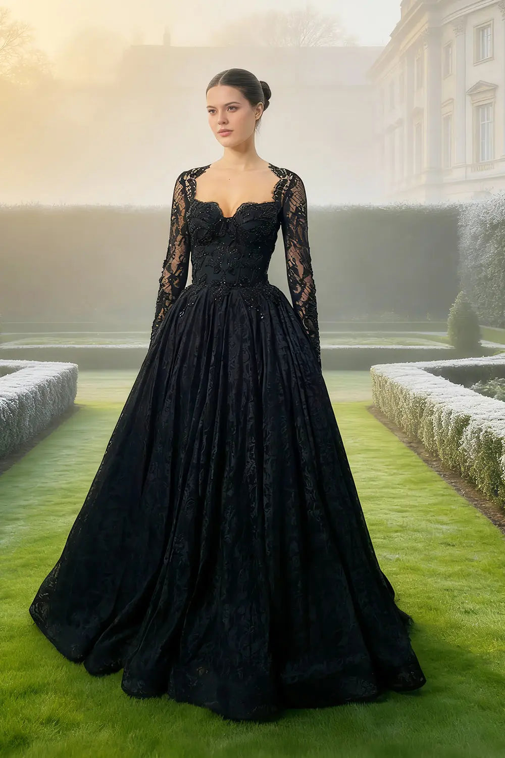 Black Gothic Off-Shoulder Lace Long Sleeves Wedding Dress SW557 Sheer Fairy