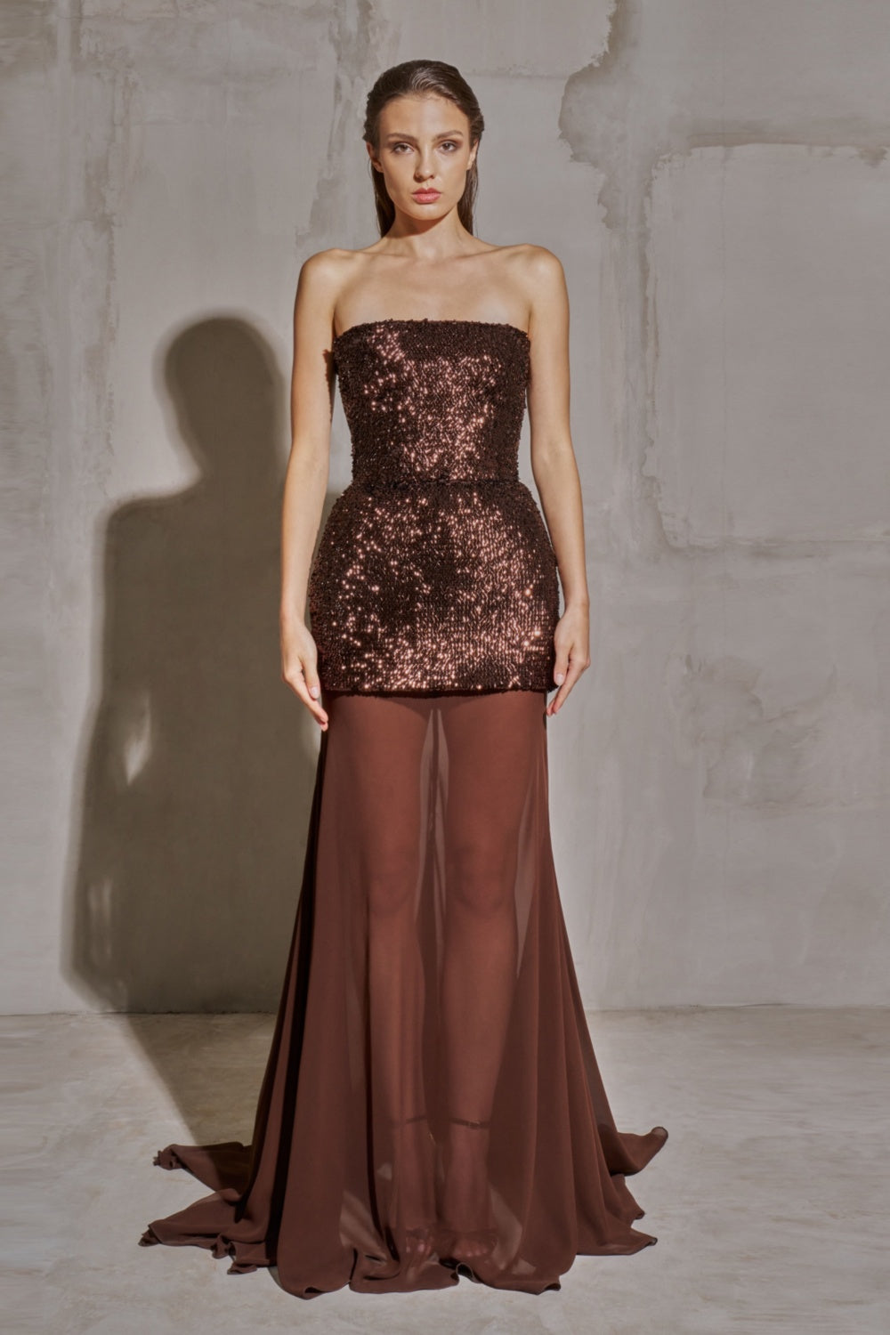 Chocolate Brown Two-Piece Sequin Mermaid Evening Dress SF442 Sheer Fairy