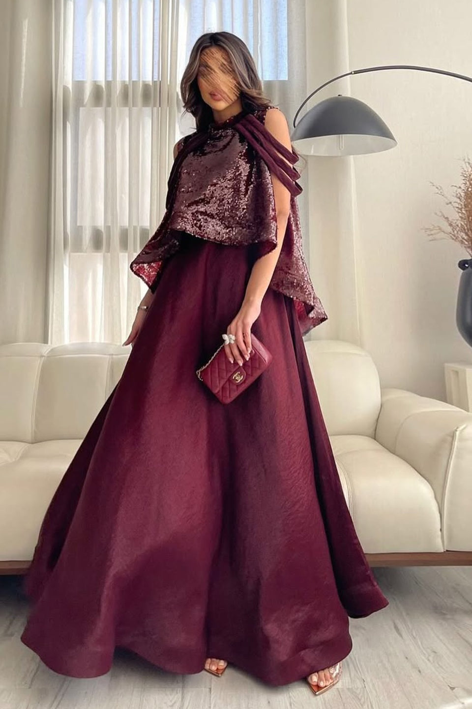 Elegant Burgundy Satin Sequined Cape Evening Dress SF418 Sheer Fairy
