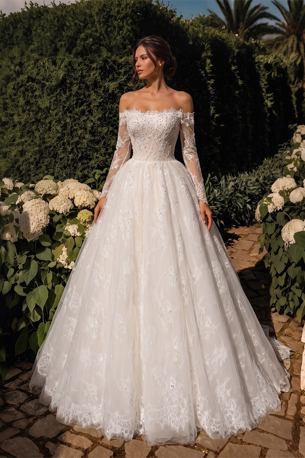 White Lace Ball Gown Wedding Dress Off the Shoulder with Long Sleeves and Beaded Details SW679 Sheer Fairy