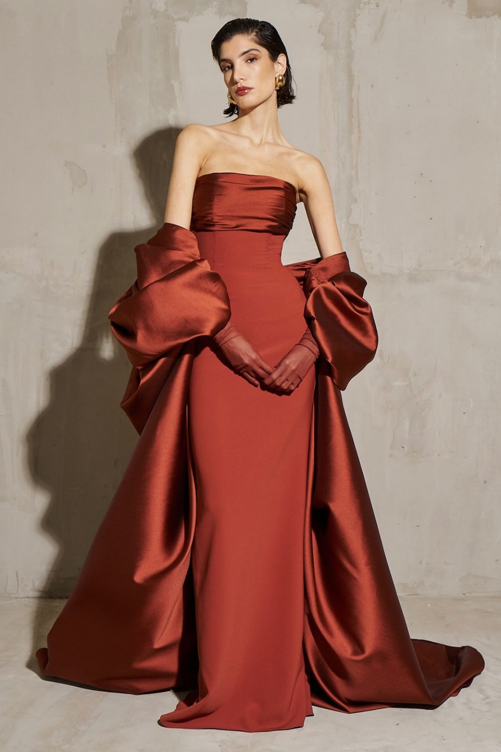 Modest Rust Red Strapless Satin Mermaid Evening Dress SF490 Sheer Fairy