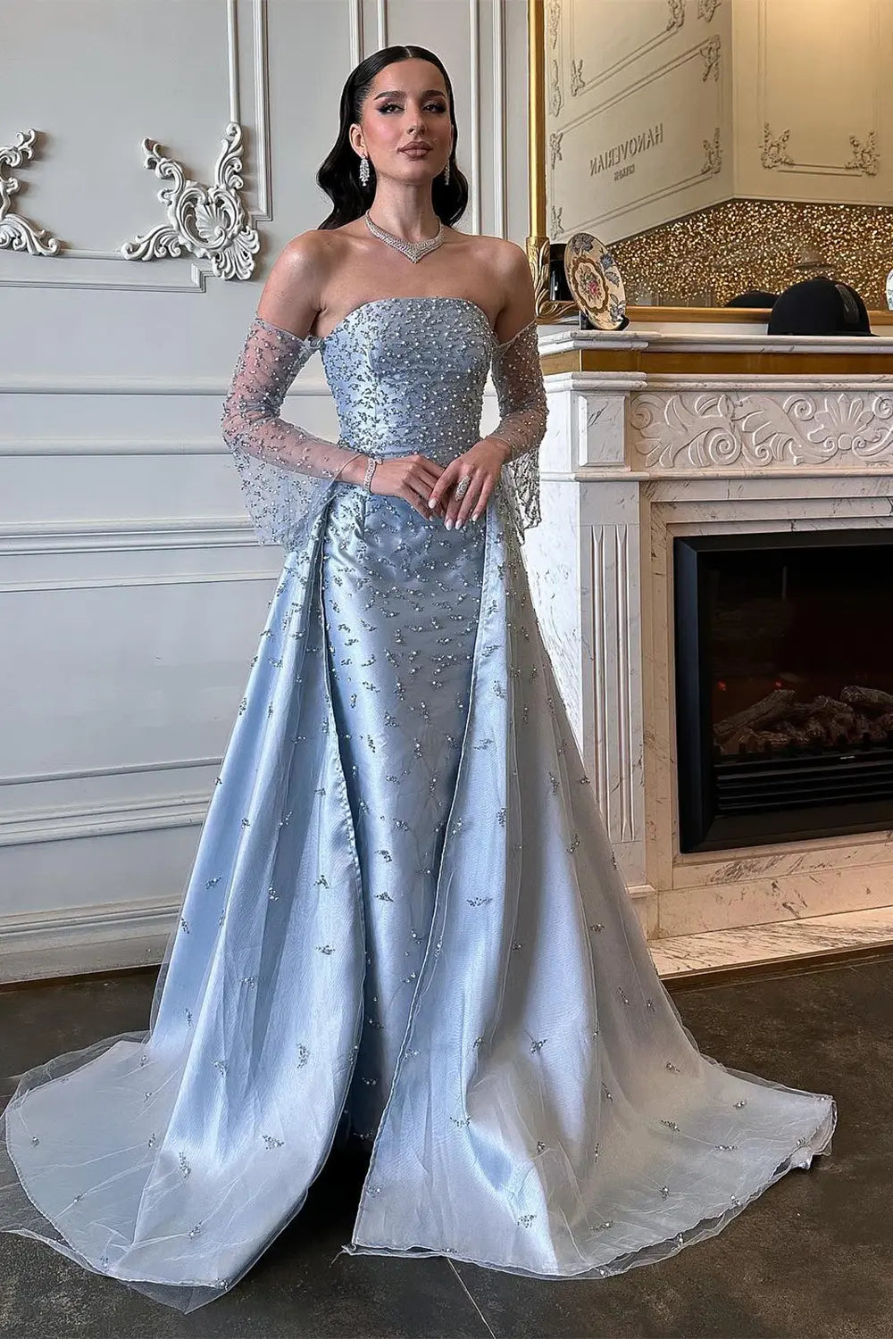 Silver Strapless Mermaid Evening Dress with Detachable Tulle Overlay & Sheer Sleeves SS484 Sheer Fairy