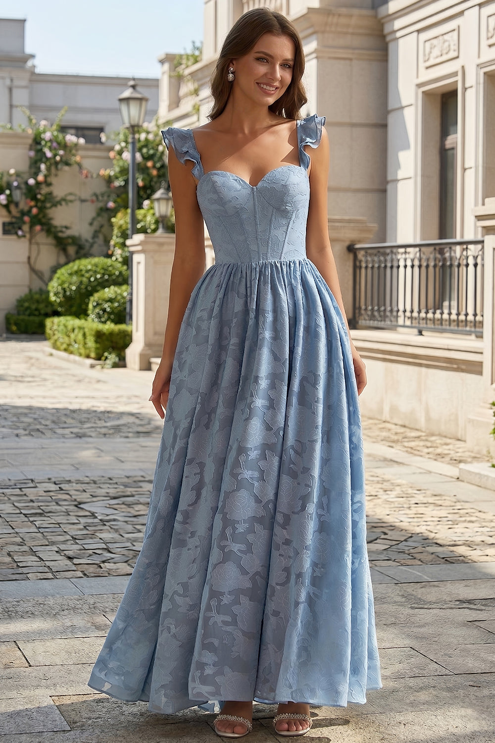 Elegant Dusty Blue Floral Jacquard Prom Dress with Ruffle Straps SH748 Sheer Fairy