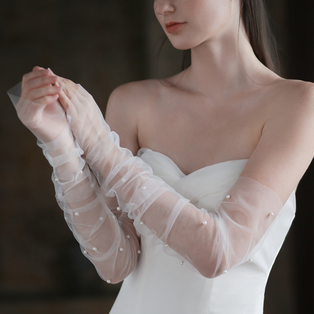 Elegant Sheer Tulle Pearl Beaded Bridal Gloves Ruched Long Wedding Sheer Gloves for Women GL006 SHEER FAIRY