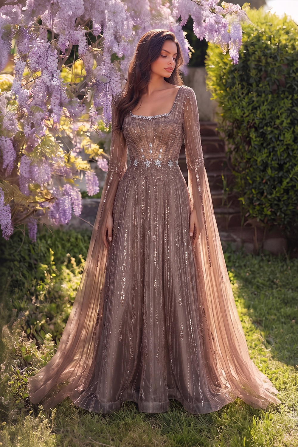 Sparkling Sequined Square Neck Long Sleeve A Line Evening Gown SS065 Sheer Fairy