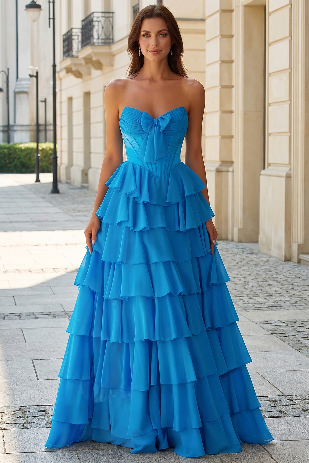 Sexy Backless Tiered Blue Chiffon Prom Dress SH746 Sheer Fairy