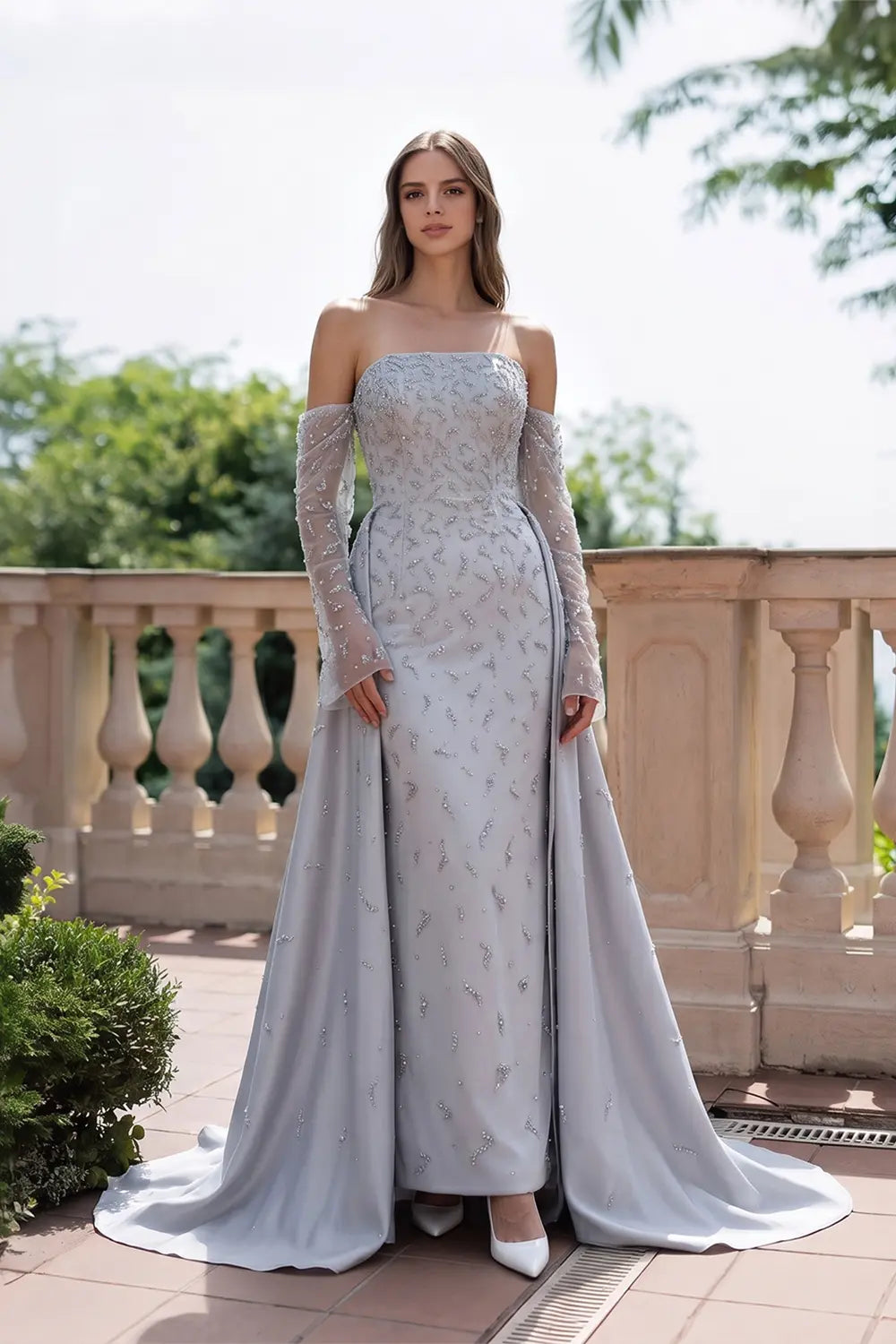 Silver Strapless Mermaid Evening Dress with Detachable Tulle Overlay & Sheer Sleeves SS484 Sheer Fairy