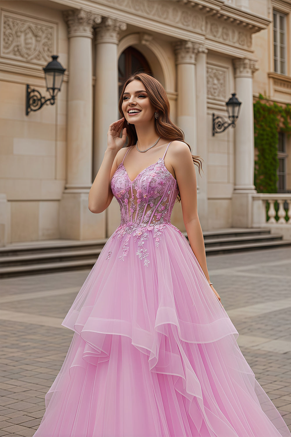 Luxury Pink Beaded Plunging V-Neck Tiered Prom Dress SH104 Sheer Fairy