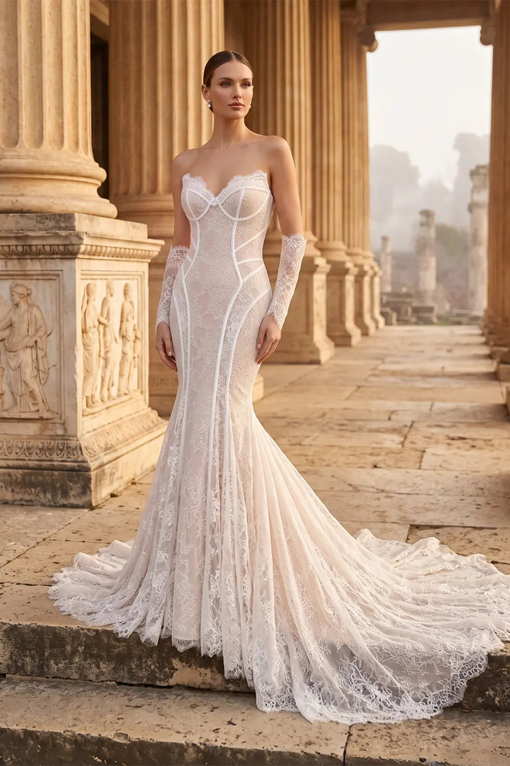 White Corset Mermaid Long Sleeve Wedding Dress SW752 Sheer Fairy