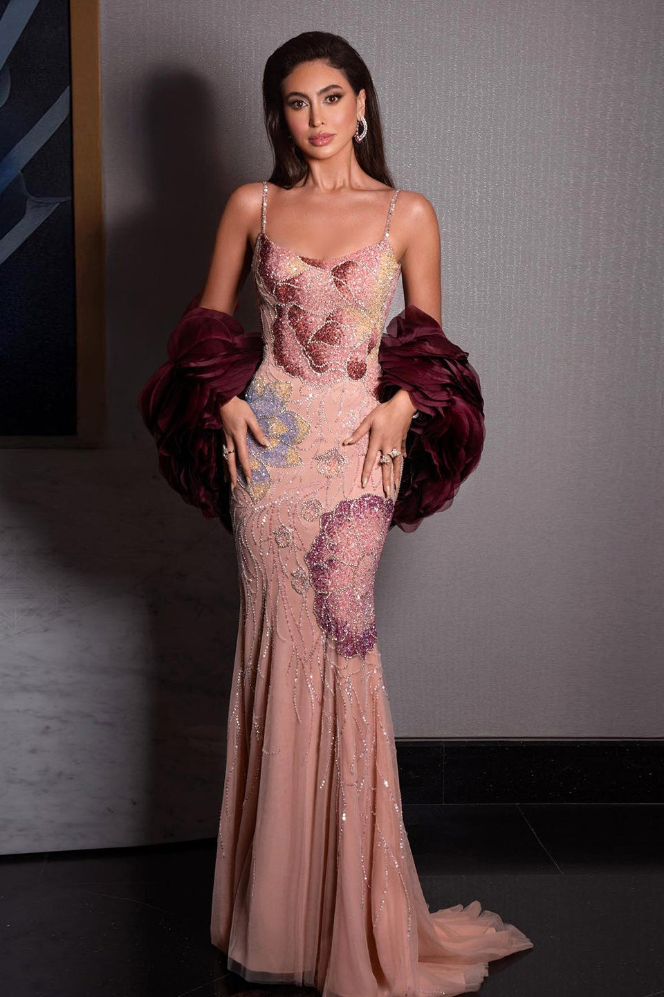 Luxury Pink Beaded Plunging Mermaid Evening Dress SS515