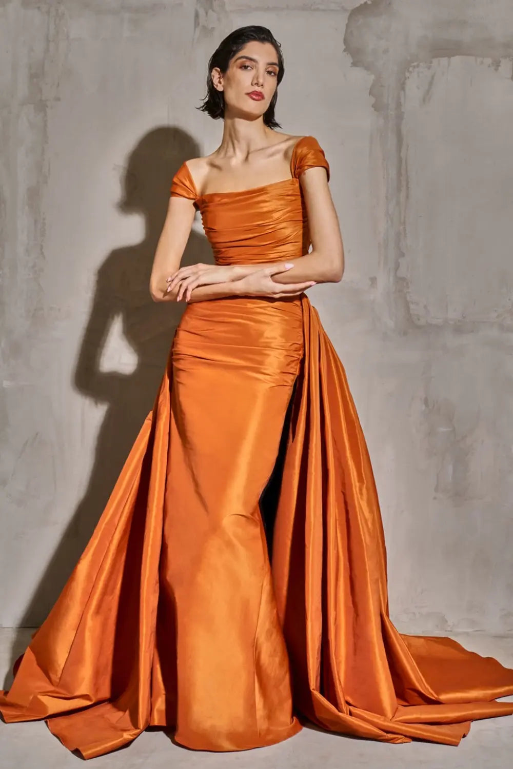 Metallica Orange Off-Shoulder Satin Mermaid Evening Dress SF491 Sheer Fairy