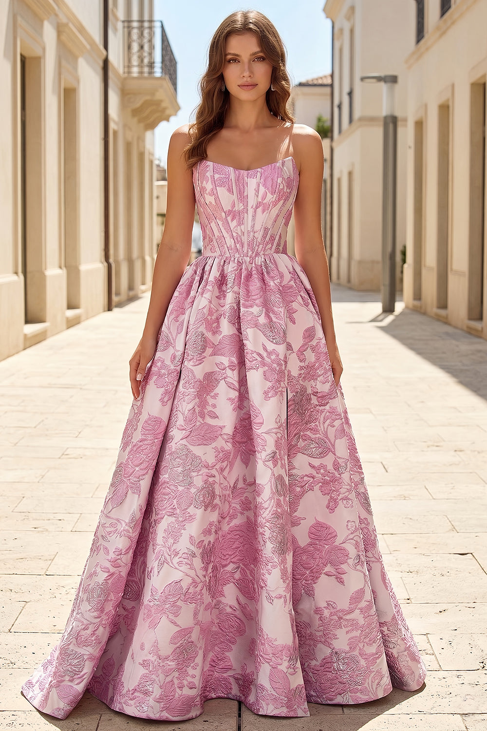 Pink Floral Satin Prom Dresses A Line with Split Side SH745 Sheer Fairy