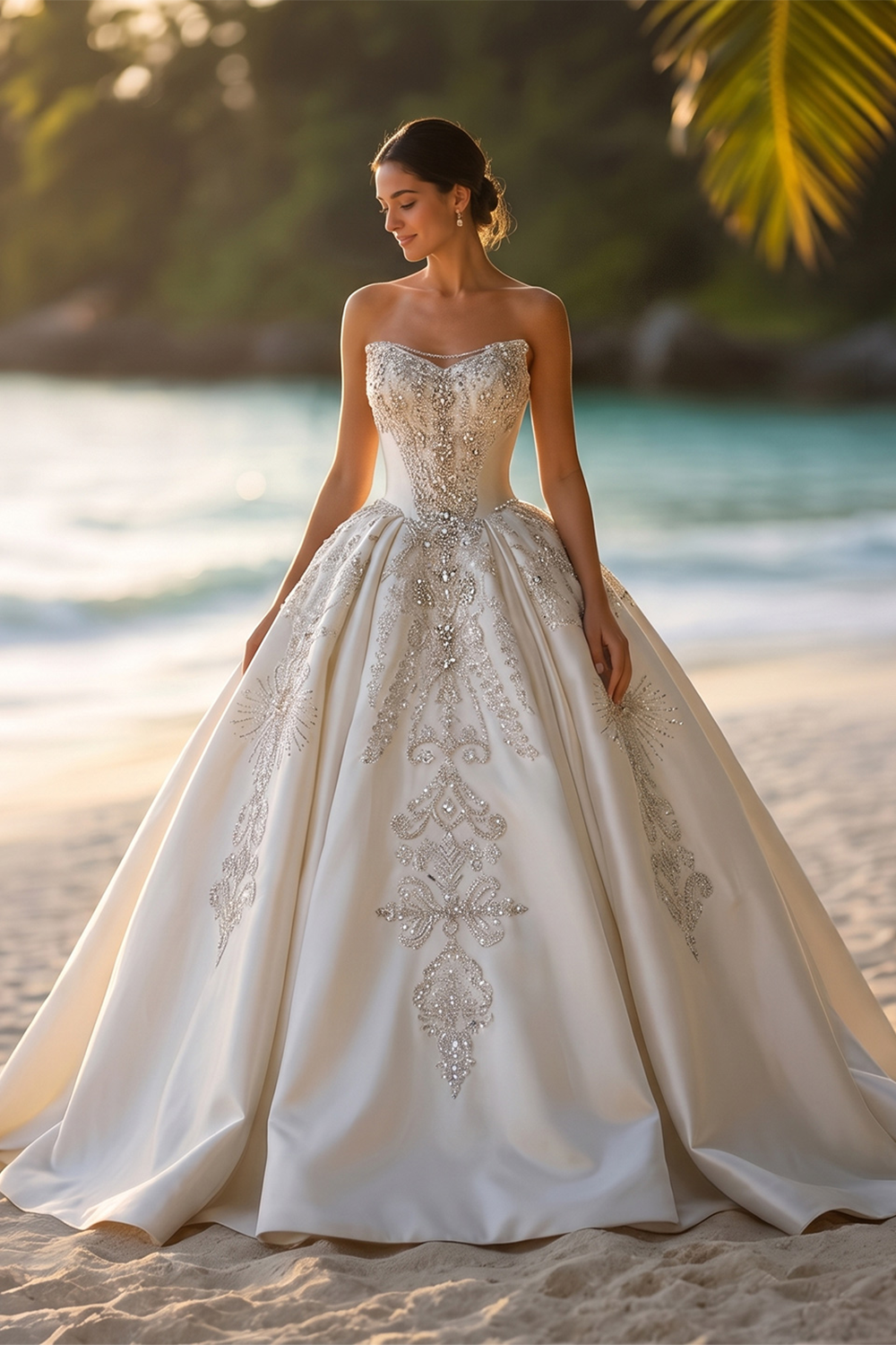 Strapless Ivory Satin Princess Ball Gown Wedding Dress with Heavy Beading and Long Train SW676 Sheer Fairy