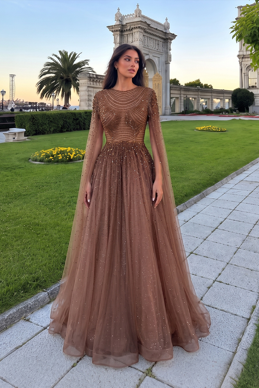 Sparkling Beaded A Line Evening Gown Long Cape Sleeves Glitzy Prom Dress SS059 Sheer Fairy
