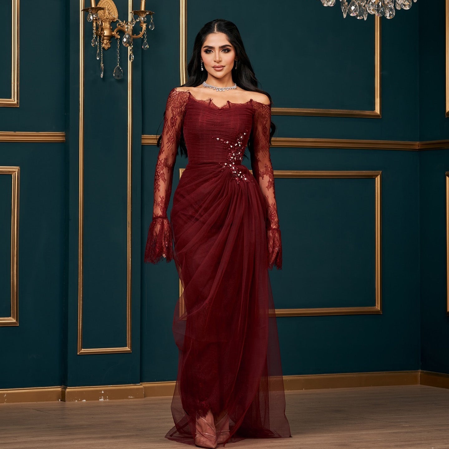 Burgundy Off-the-Shoulder Lace Beaded Evening Dress with Long Sheer Sleeves SF456 Sheer Fairy