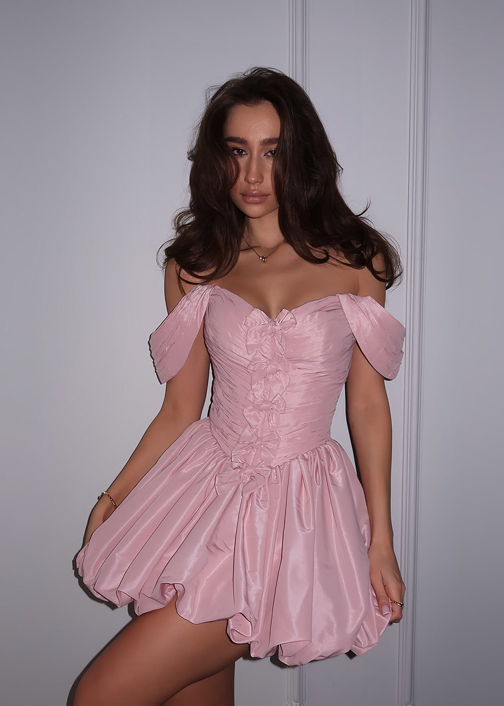 Pink Off-Shoulder Corset Mini Homecoming Dress with Ruching RM207 Sheer Fairy
