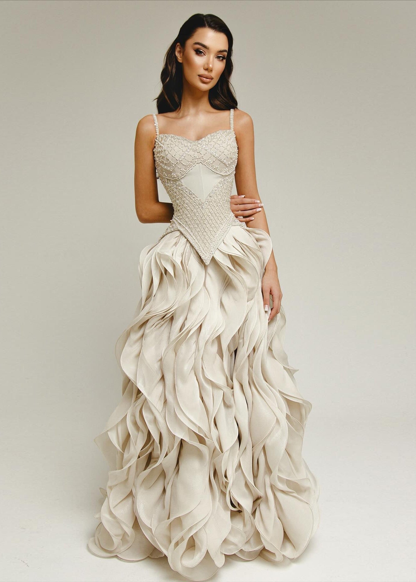 Beige Beaded Corset Evening Dress with Cascading Ruffle Skirt SS257 Sheer Fairy
