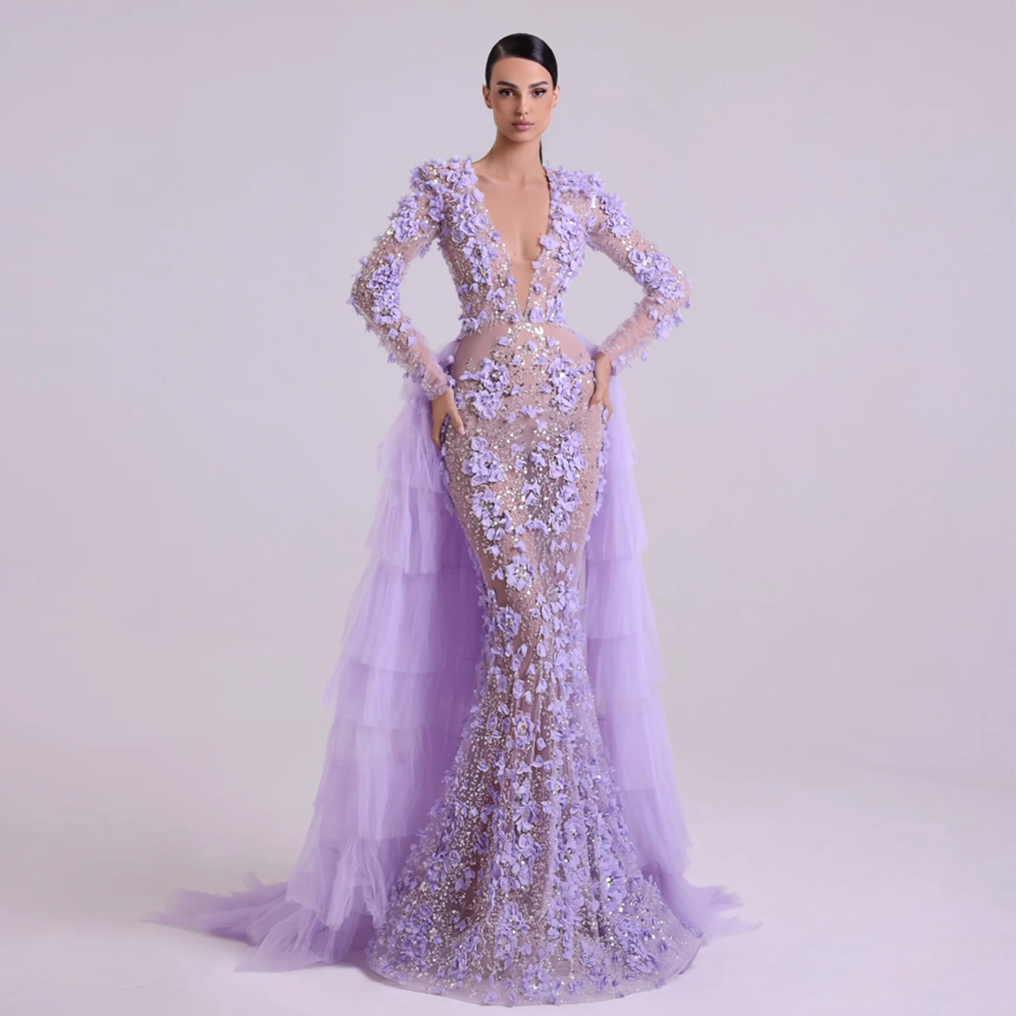 Lilac 3D Floral Beaded Mermaid Long Sleeves Evening Dress SS637