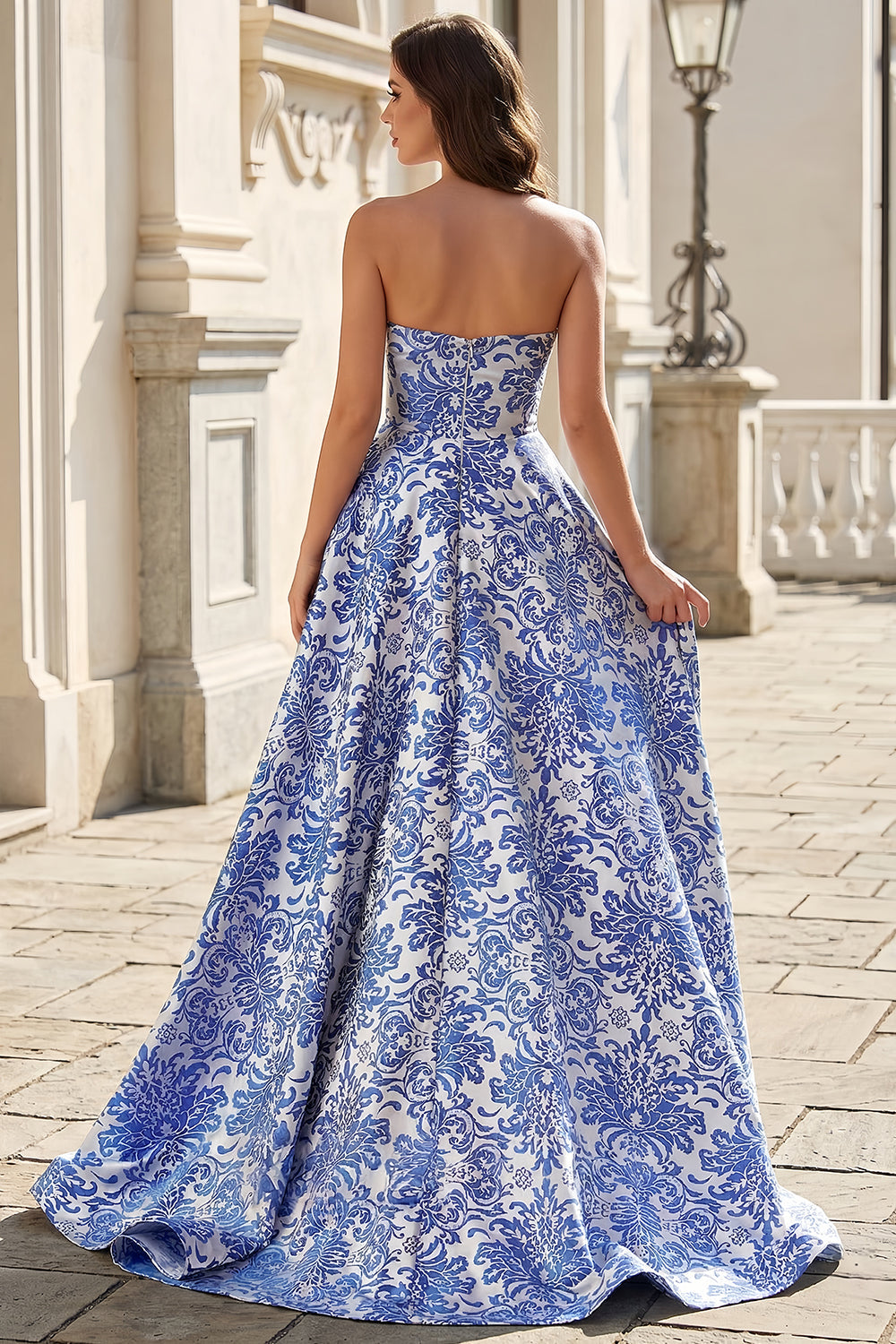 Strapless A Line Blue Floral Satin Prom Dress SH741 Sheer Fairy