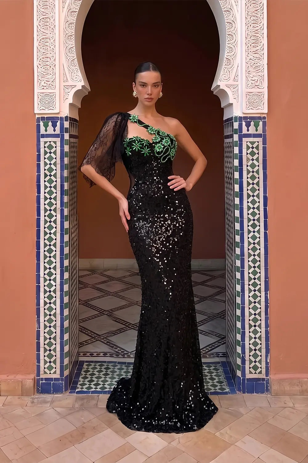 Black One Shoulder Sequin Evening Gown with Green Floral Detail ST048 Sheer Fairy